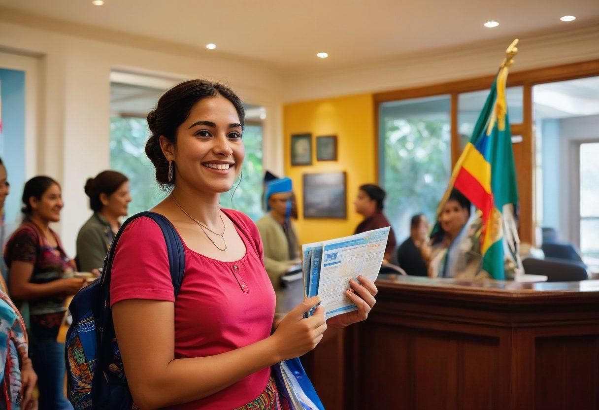 A traveler standing at a Guatemalan Consulate, holding a passport and visa application, surrounded by colorful Guatemalan flags and traditional elements. The consulate interior features maps of Guatemala, travel brochures, and a welcoming receptionist. A sense of adventure and exploration is palpable in the air. The image captures the excitement and anticipation of a journey ahead. super-realistic. vibrant colors.
