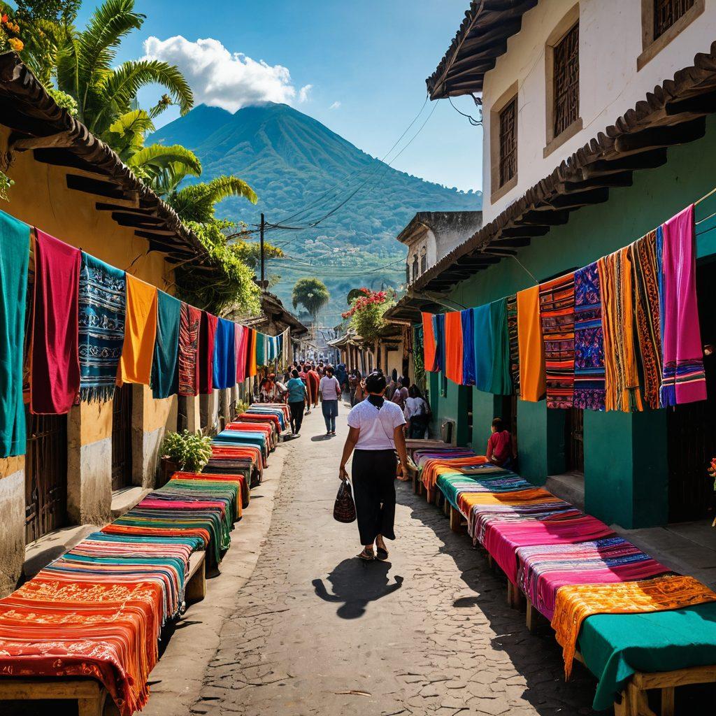A vibrant street scene depicting traditional Guatemalan culture, featuring colorful textiles, local artisans crafting handwoven goods, and the iconic architecture of a Guatemalan consulate in the background. Include vibrant flowers and rich greenery to enhance the charm, with smiling locals engaging with tourists. Bright and cheerful colors. super-realistic. vibrant colors.