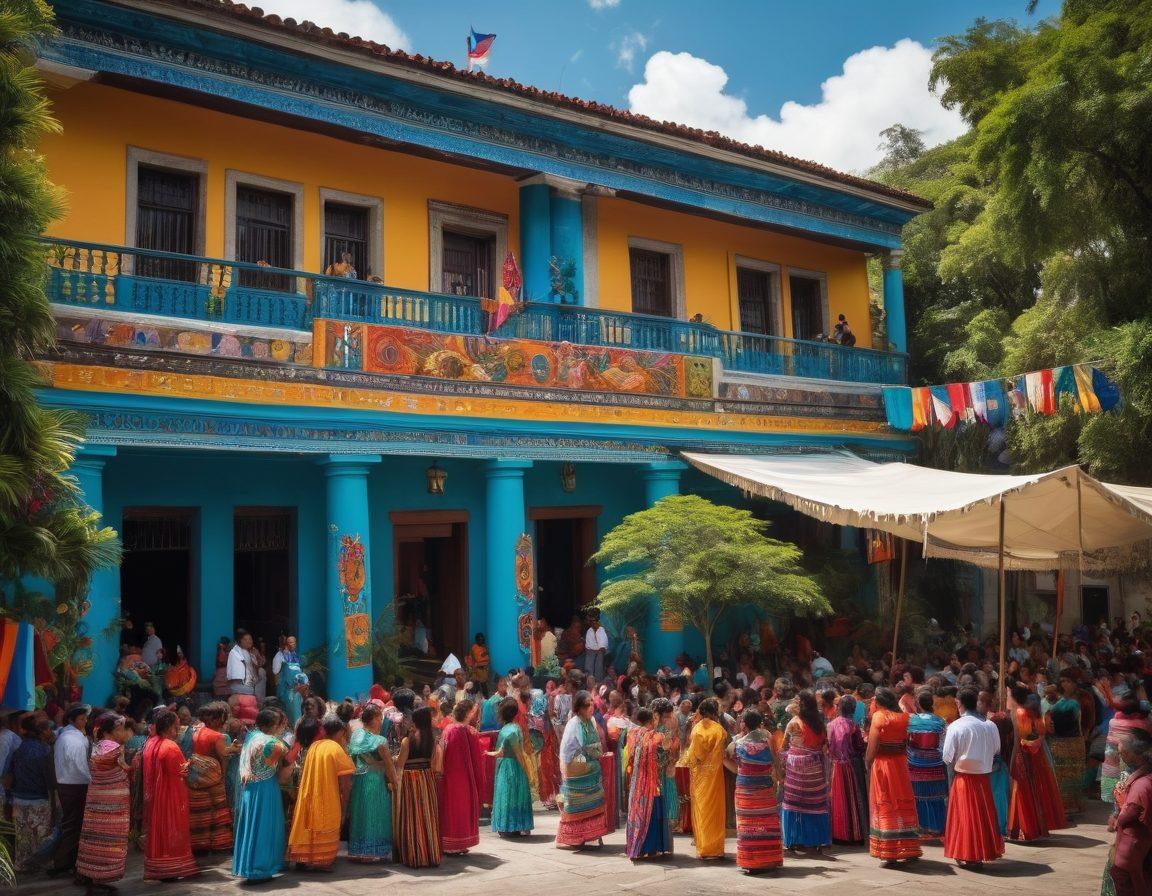 A vibrant collage illustrating Guatemalan cultural elements such as traditional textiles, vibrant murals, and festive celebrations outside an embassy building, showcasing people engaging in cultural exchange, along with flags and symbolic artifacts. The background should include lush greenery and architectural features of the embassy. super-realistic. vibrant colors. 3D.